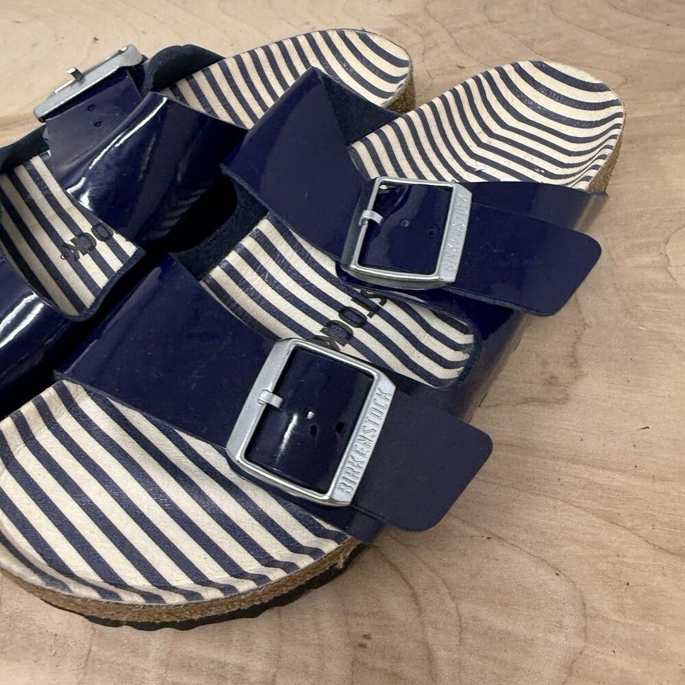 Birkenstock Navy Patent Two-Strap Sandals with Striped Footbed - Picture 3 of 9